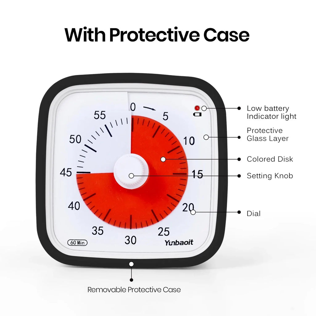 Upgraded 60-Minute Visual Countdown Timer with Protective Case - Silent Dial Timer for Kids