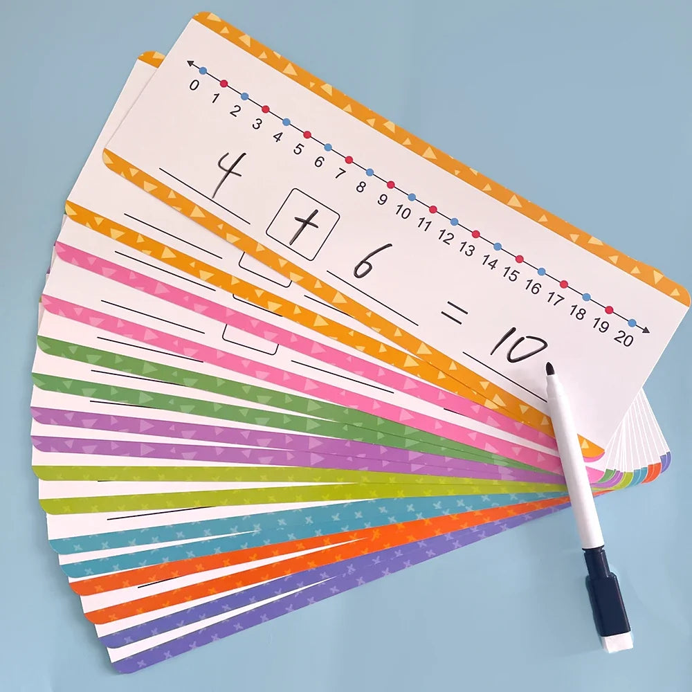 Dry Erase Number Line Cards for Kids – Addition & Subtraction Practice | Montessori Math Manipulatives (16 Cards + 2 Erasable Pens)