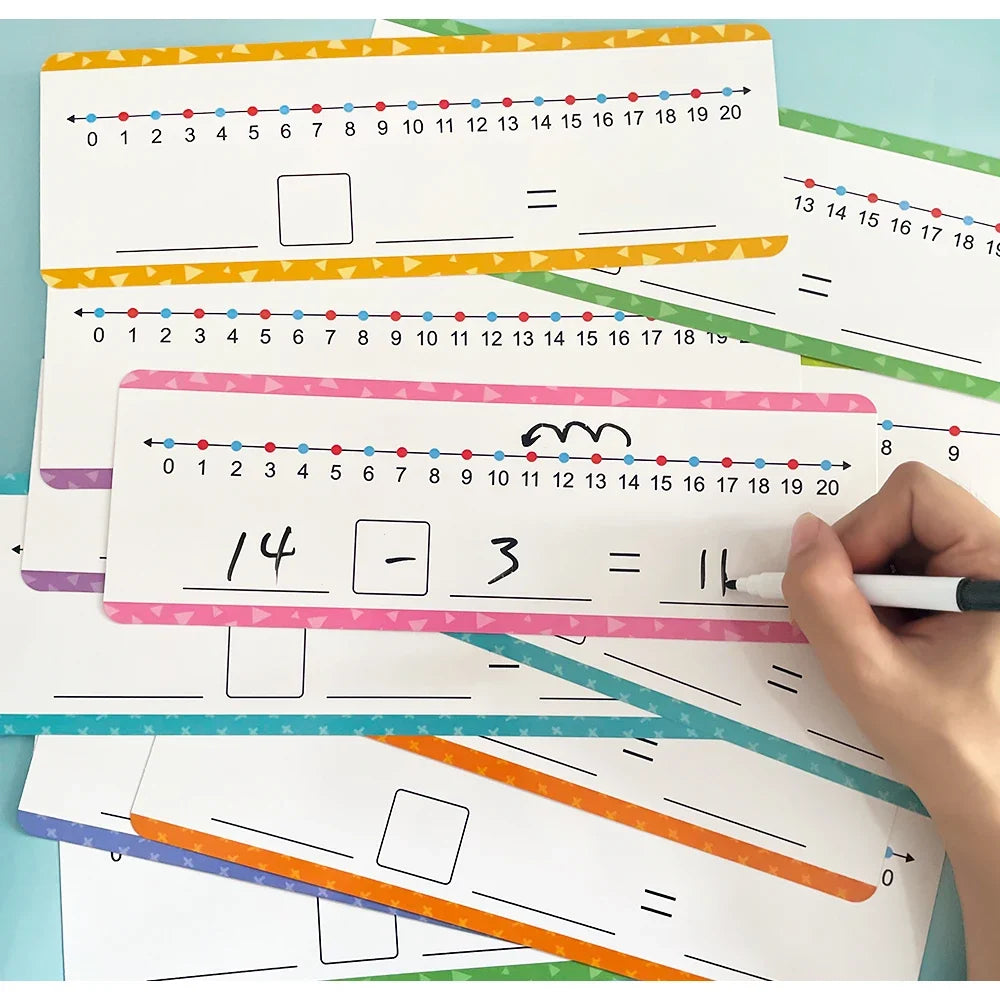 Dry Erase Number Line Cards for Kids – Addition & Subtraction Practice | Montessori Math Manipulatives (16 Cards + 2 Erasable Pens)