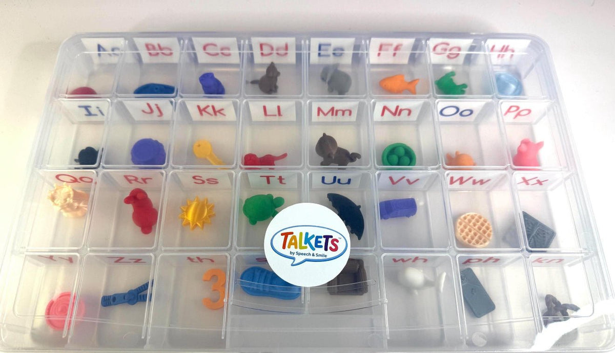 Talkets™ 32 Mini Objects Alphabet & Digraph Set with Labeled Storage Case | Speech Therapy Mini Object | Phonics Manipulatives
